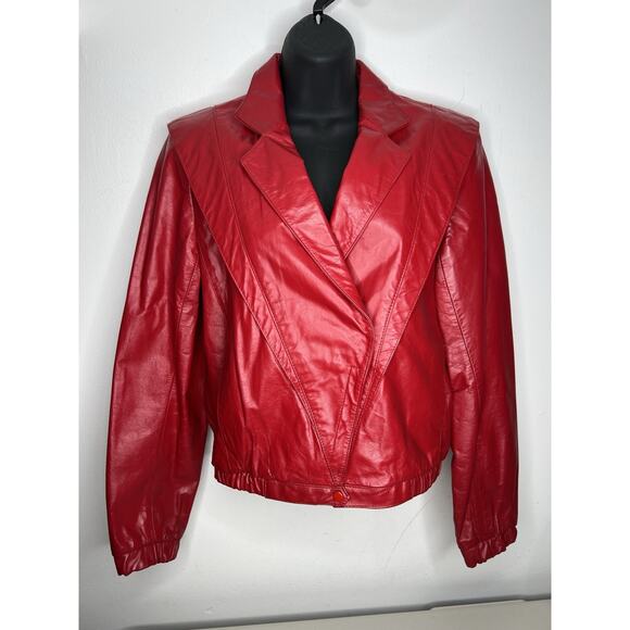Vintage 80s Bermans Red Cropped Leather Jacket Moto Retro Women’s Size 10 - Picture 1 of 11